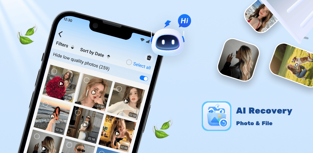 AI Recovery app interface showing photo recovery
